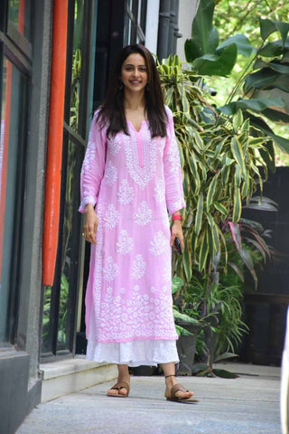 Pink Rayon Cotton Chikankari Kurta With Palazzo