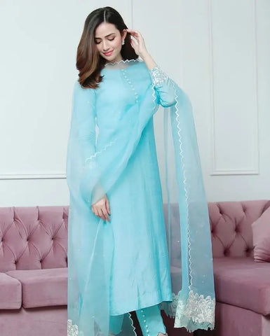Sky Blue Plain Rayon Cotton Salwar Suits With Organza Silk Dupatta