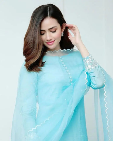 Sky Blue Plain Rayon Cotton Salwar Suits With Organza Silk Dupatta