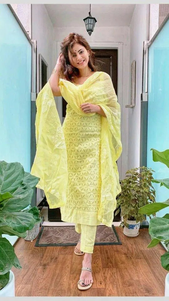 Yellow Rayon Cotton Embroidered Top With Pant And Dupatta