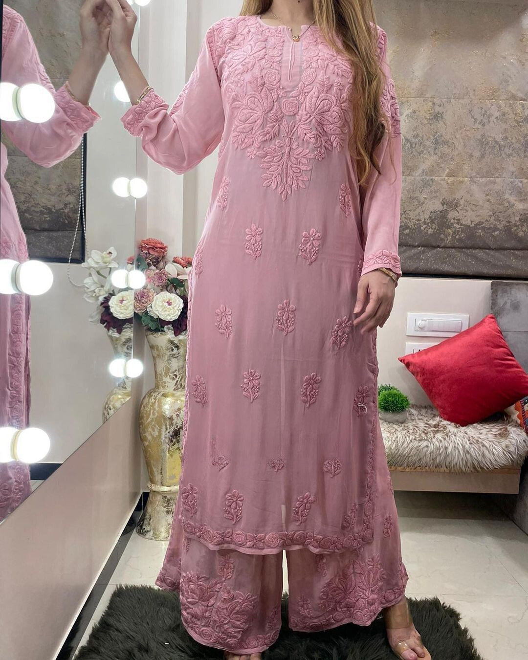 Peach Viscose Georgette Chikankari Kurta With Palazzo