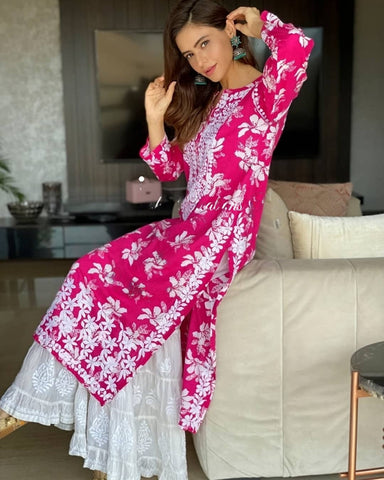 Printed Pink Rayon Cotton Chikankari Kurta With Palazzo Set