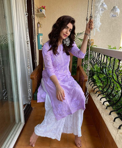 Purple Rayon Cotton Chikankari Kurta With Palazzo