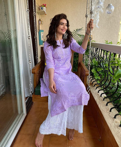 Purple Rayon Cotton Chikankari Kurta With Palazzo