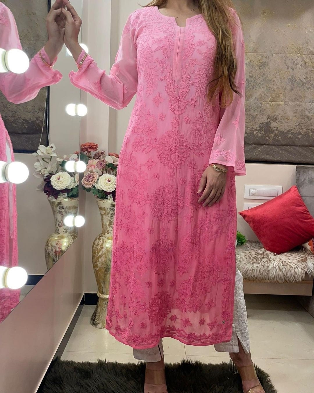 Pink Viscose Georgette Chikankari Kurta With Palazzo