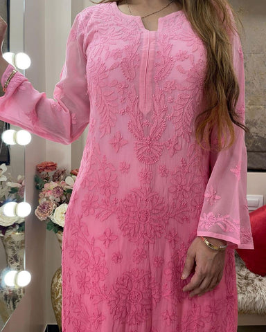 Pink Viscose Georgette Chikankari Kurta With Palazzo