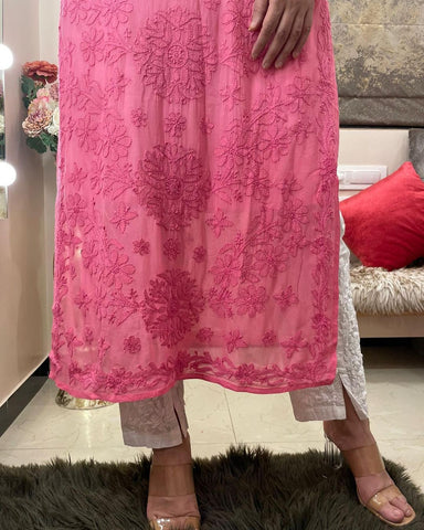 Pink Viscose Georgette Chikankari Kurta With Palazzo