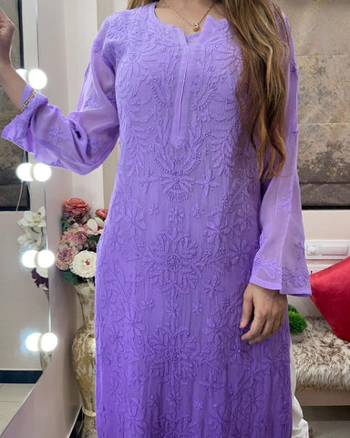 Purple Viscose Georgette Chikankari Kurta With Pant