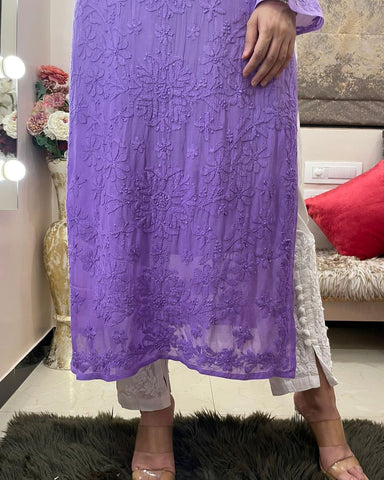 Purple Viscose Georgette Chikankari Kurta With Pant