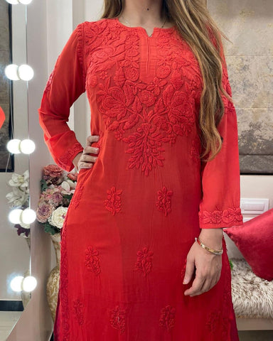 Red Viscose Georgette Chikankari Kurta With Palazzo Set