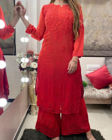 Red Viscose Georgette Chikankari Kurta With Palazzo Set