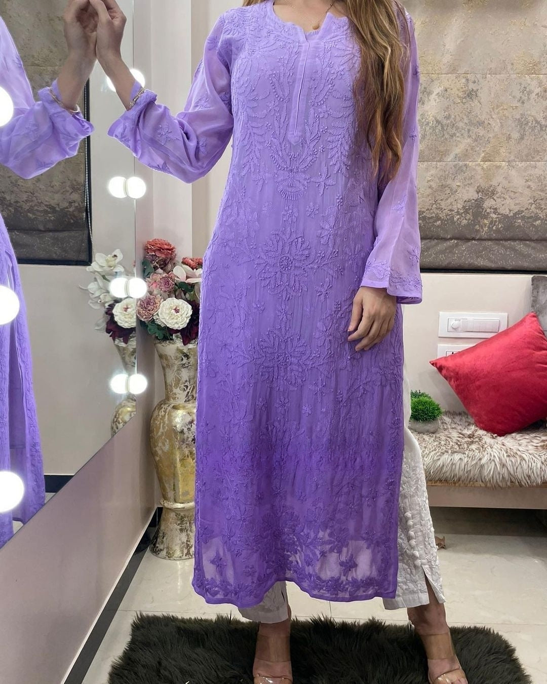 Purple Viscose Georgette Chikankari Kurta With Pant