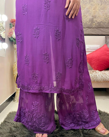 Purple Viscose Georgette Chikankari Kurta With Palazzo Set