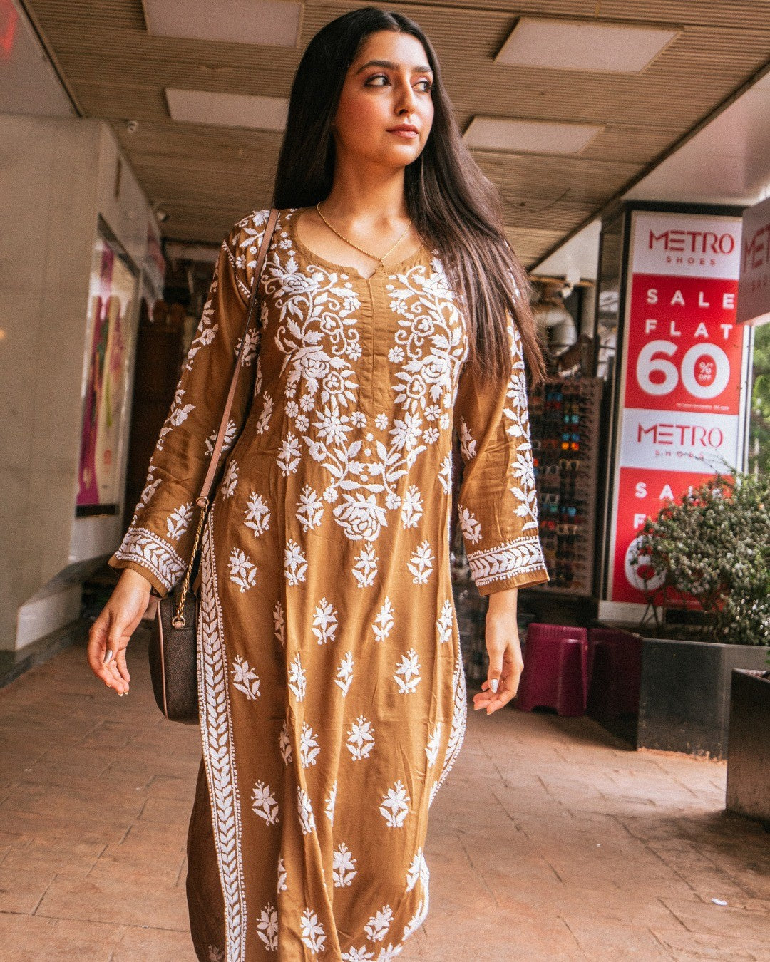 Coffee Rayon Cotton Chikankari Kurta With Palazzo