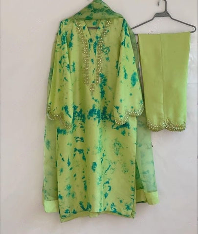 Parrot Green Tie Dye Print Georgette Silk Foil Mirror Work Kurta Set