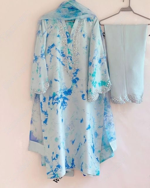 Sky Blue Tie Dye Print Georgette Silk Foil Mirror Work Kurta Set
